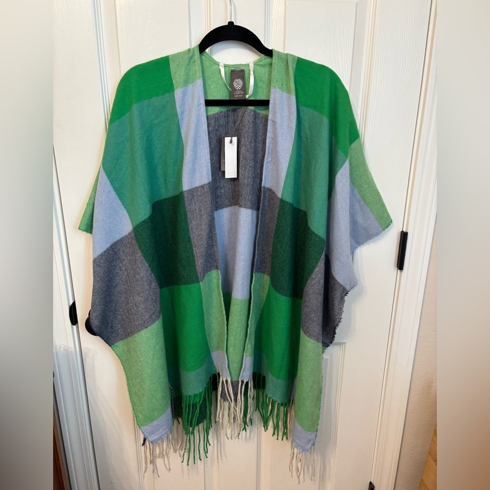 Vince Camuto Green Plaid Fringe Ruana Poncho OS NWT - Picture 2 of 7